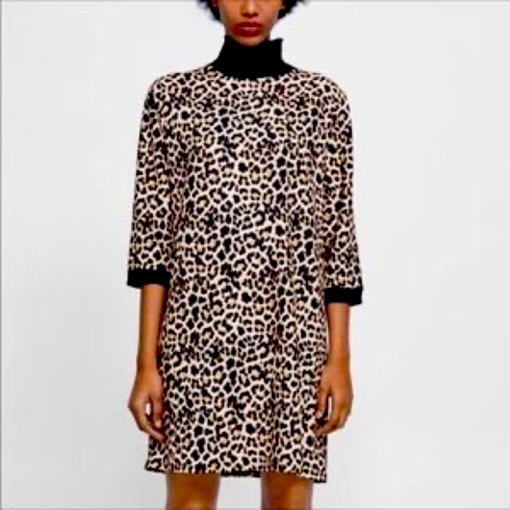 Zara Basic Leopard Mock Neck Mini Dress Sz S